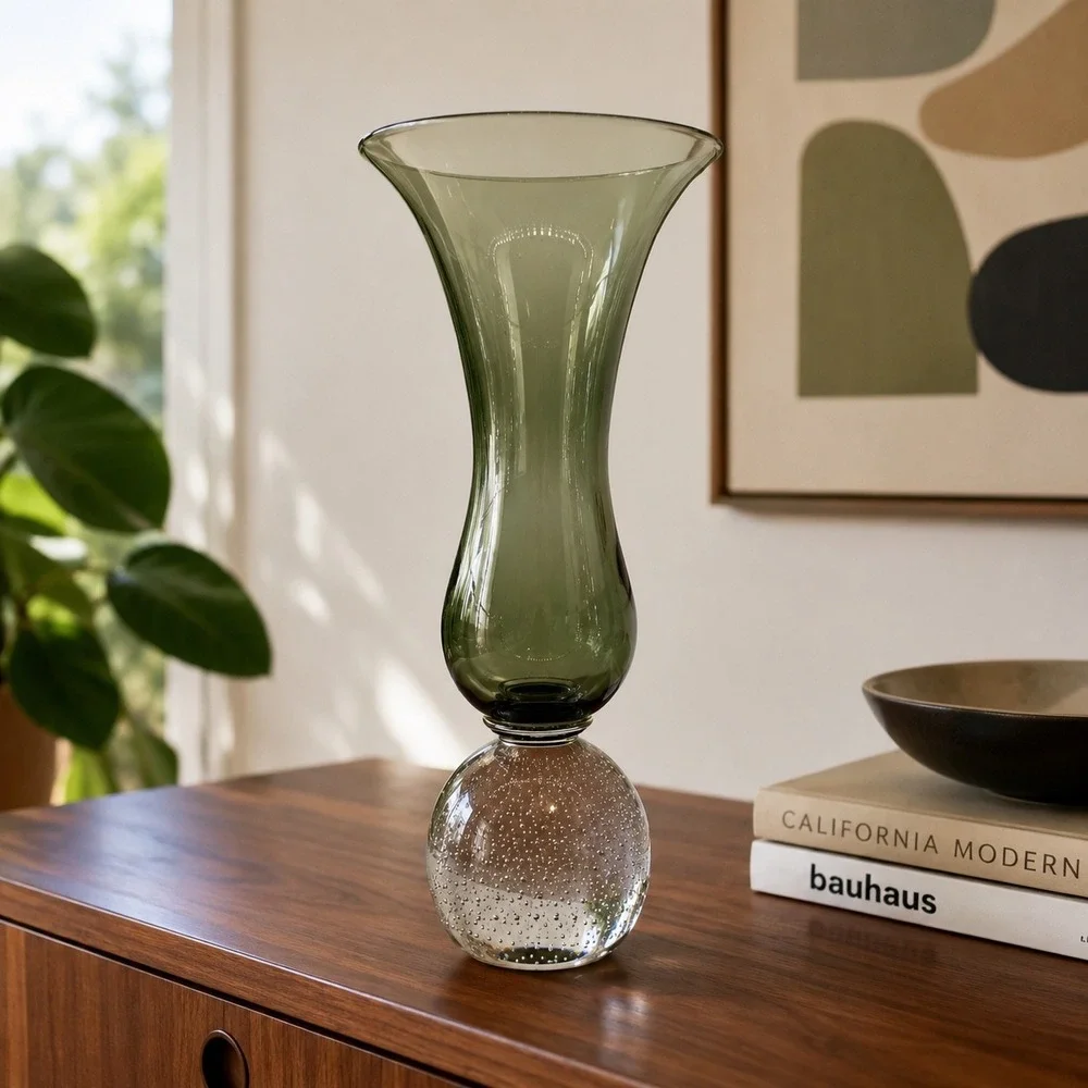 Carl Erickson Art Glass Olive Green Vase Bullicante Bubble Foot